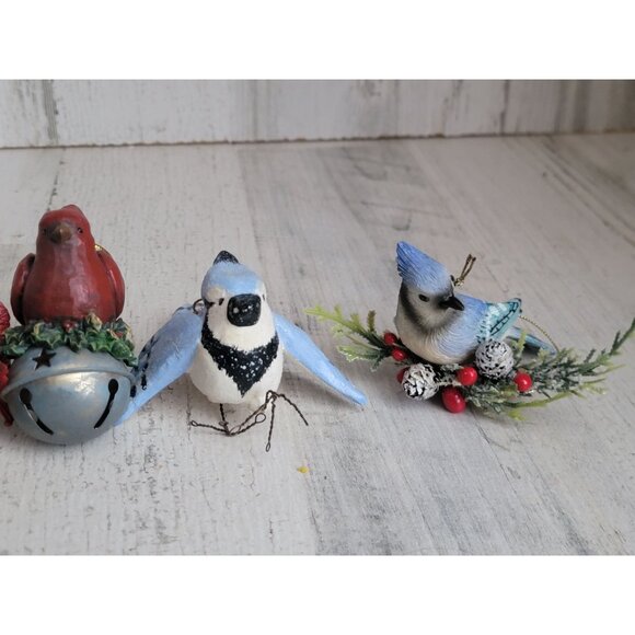 Red cardinal blue jay set ornament Xmas bell - Picture 3 of 5